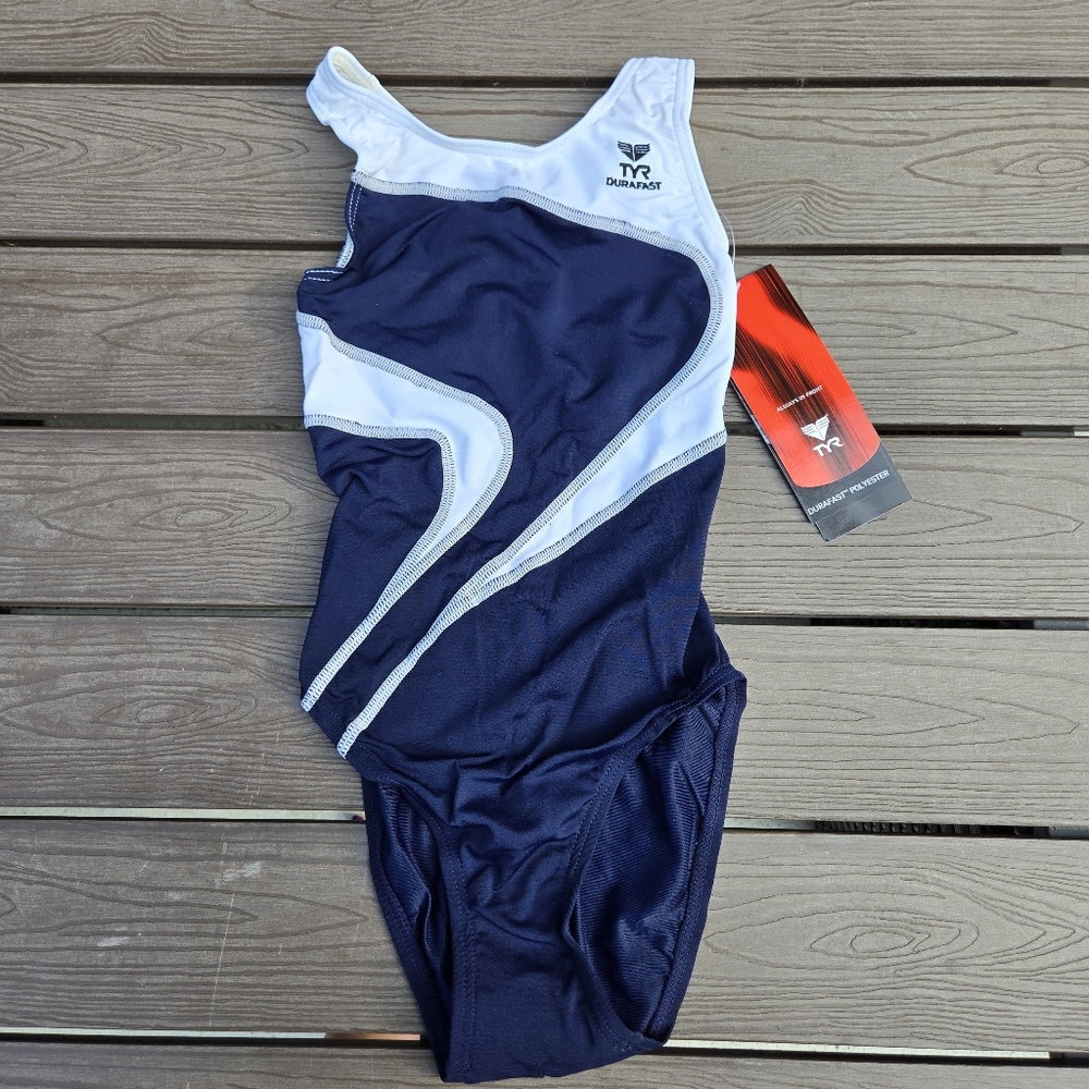 TYR Durafast YOUTH Alliance T-Splice MaxBack 1pc Swimsuit Navy/WhiteSize 26  NEW